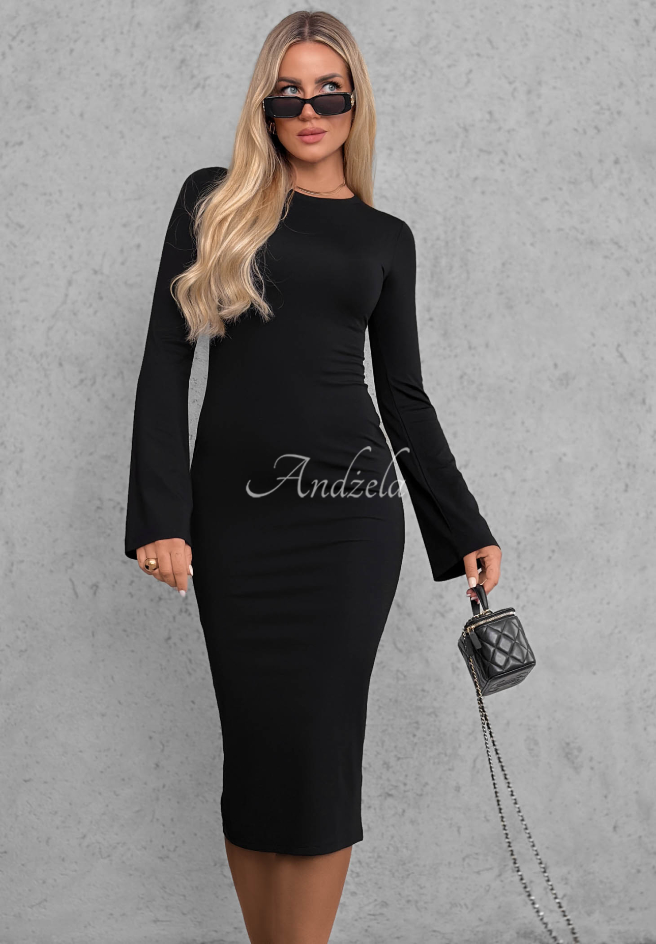 Viskose-Kleid mit langen Ärmeln und ausgestellten Ärmeln Champagne Nights Schwarz