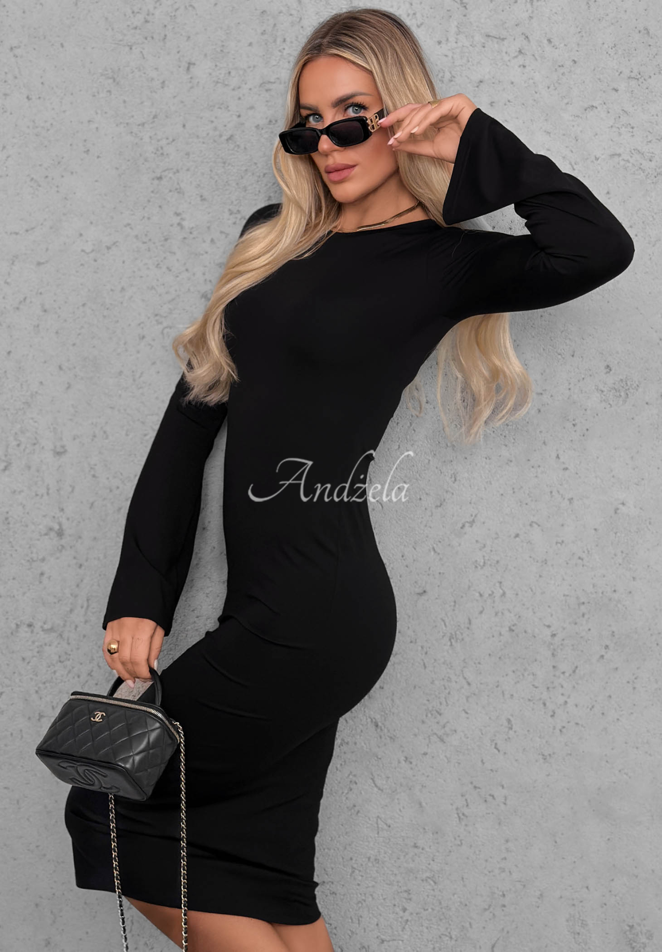 Viskose-Kleid mit langen Ärmeln und ausgestellten Ärmeln Champagne Nights Schwarz