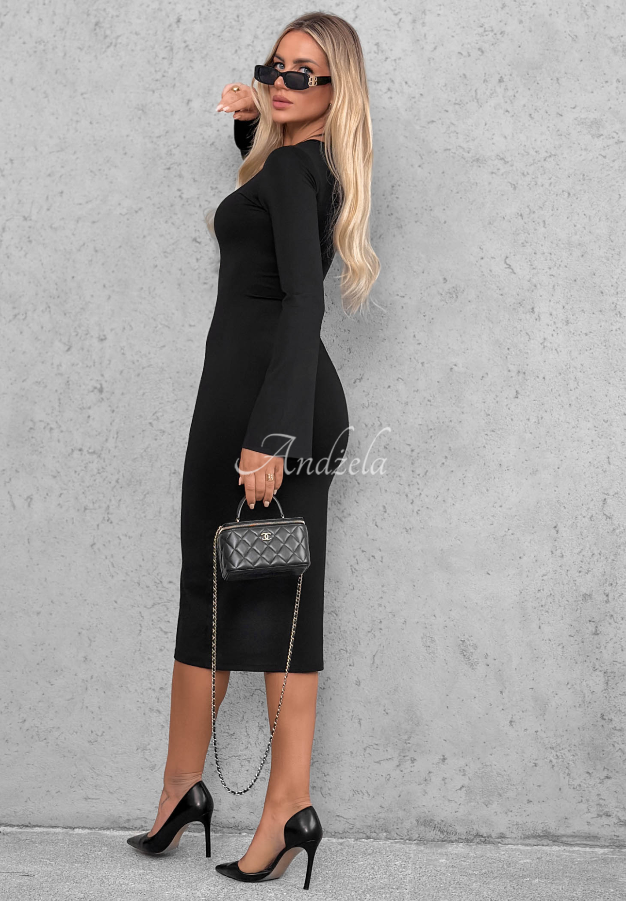 Viskose-Kleid mit langen Ärmeln und ausgestellten Ärmeln Champagne Nights Schwarz