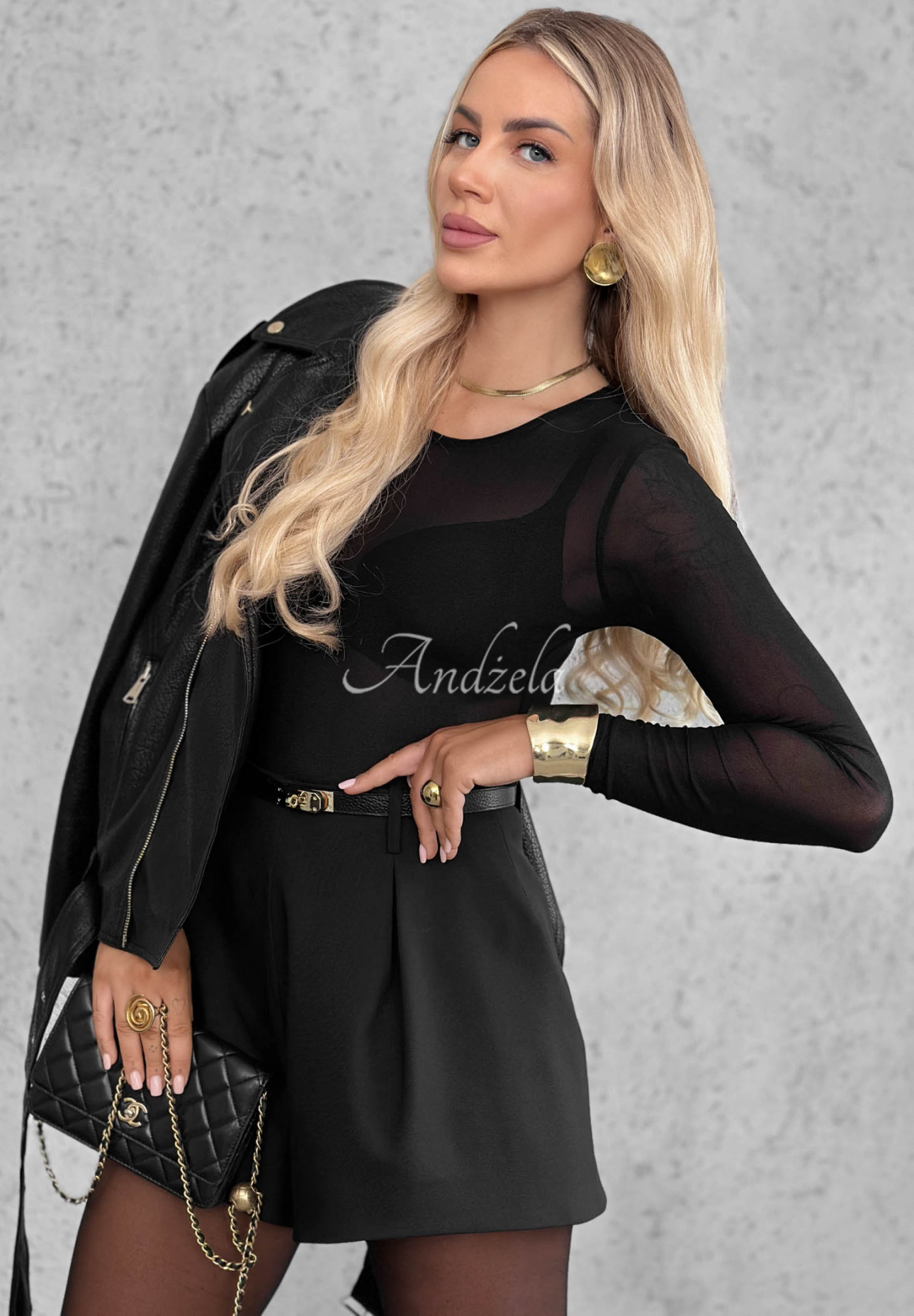 Figurbetonter Langarm-Body aus Mesh Little Shimmer Schwarz