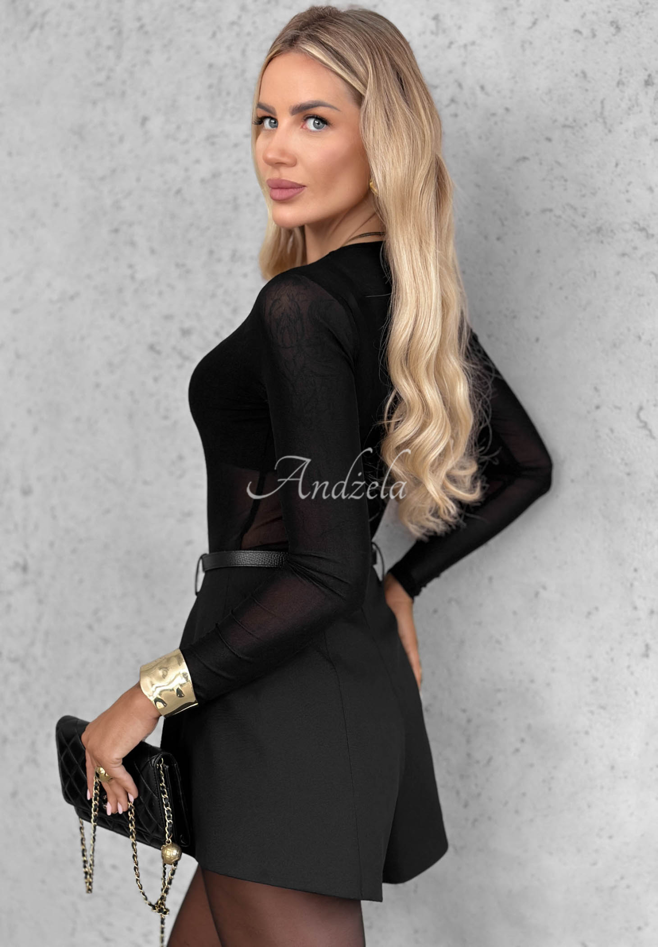 Figurbetonter Langarm-Body aus Mesh Little Shimmer Schwarz