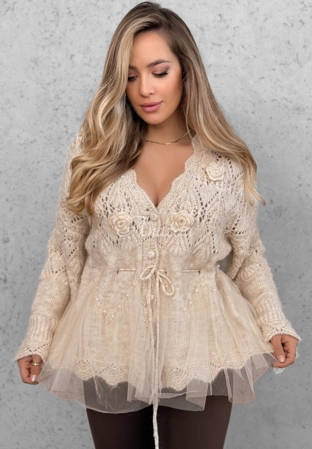 Durchbrochene Strickjacke mit T&uuml;llr&uuml;schen und Rosen Romantic Fall Beige