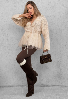 Ażurowy Pullover z tiulowymi falbankami i różyczkami Romantic Fall Beige