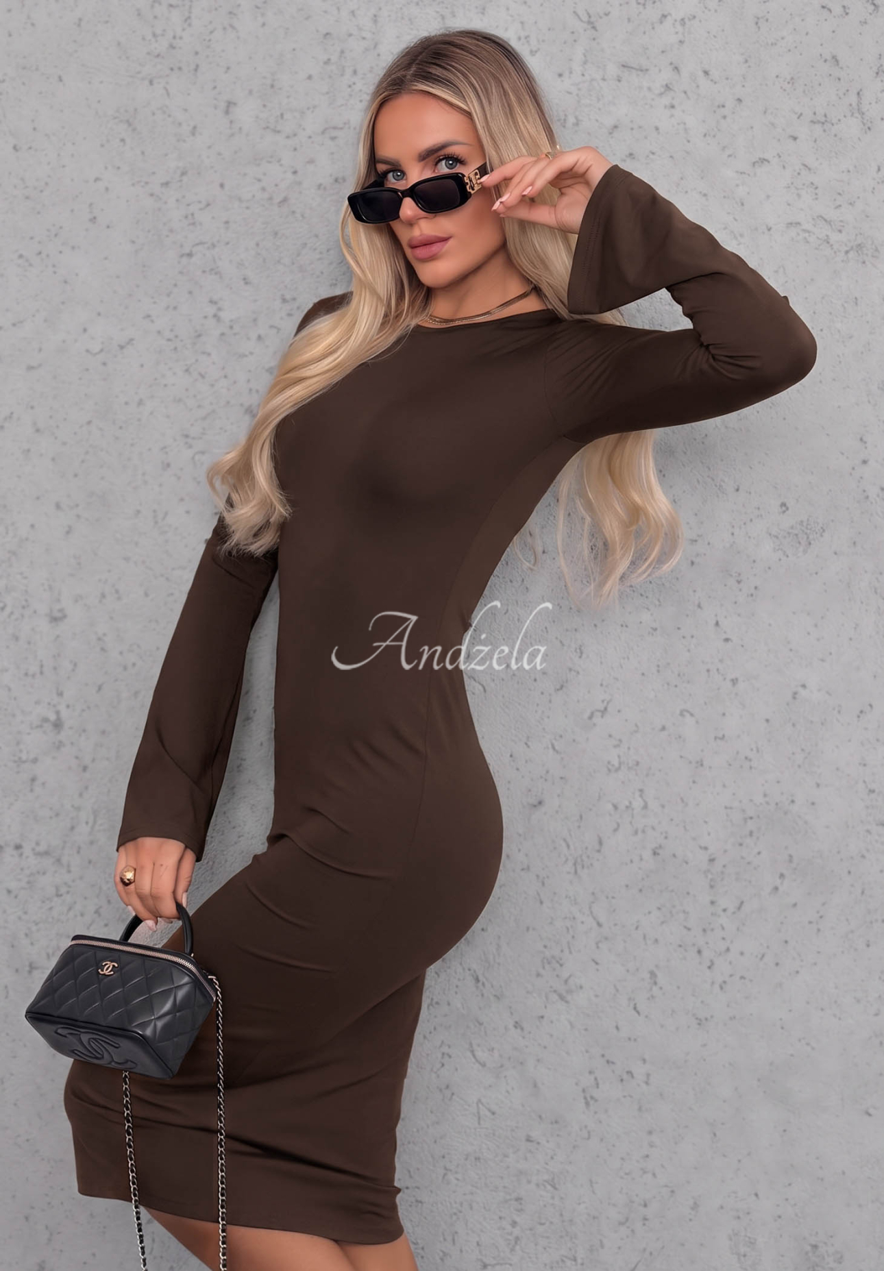 Viskose-Kleid mit langen Ärmeln und ausgestellten Ärmeln Champagne Nights Schokoladenbraun