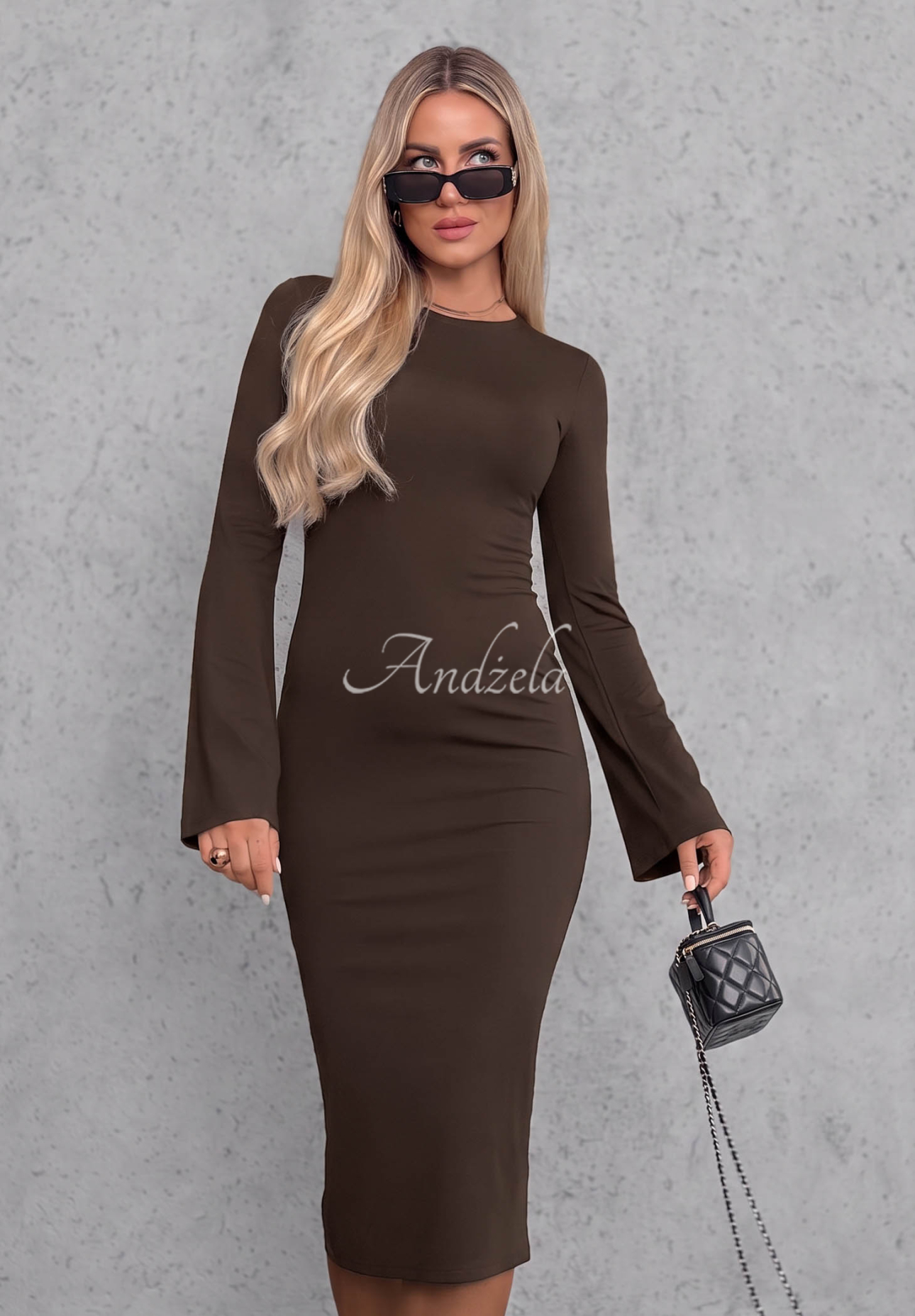 Viskose-Kleid mit langen Ärmeln und ausgestellten Ärmeln Champagne Nights Schokoladenbraun