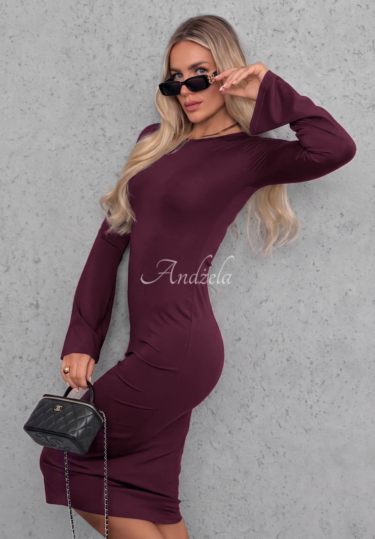 Viskose-Kleid mit langen Ärmeln und ausgestellten Ärmeln Champagne Nights Beerenfarben
