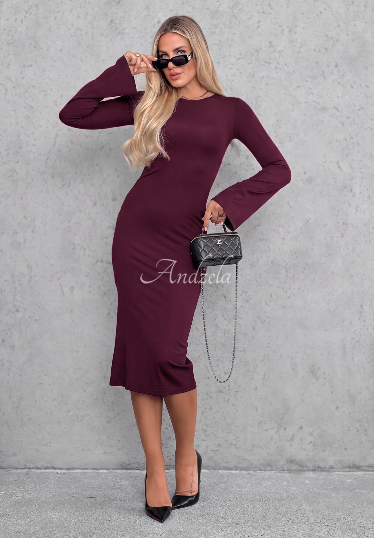 Viskose-Kleid mit langen Ärmeln und ausgestellten Ärmeln Champagne Nights Beerenfarben