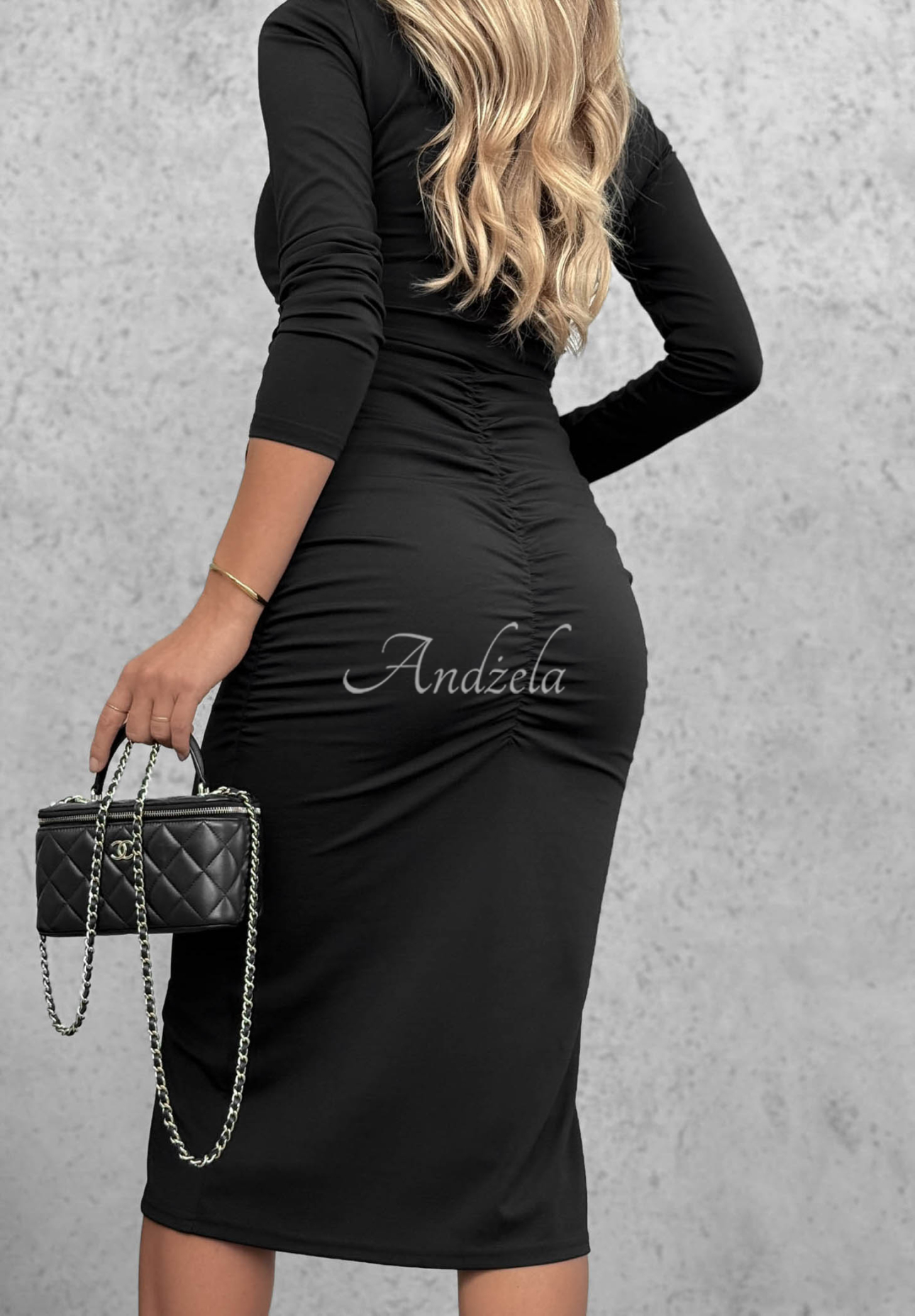 Langärmeliges Viskose-Kleid mit Raffungen Shadow Schwarz