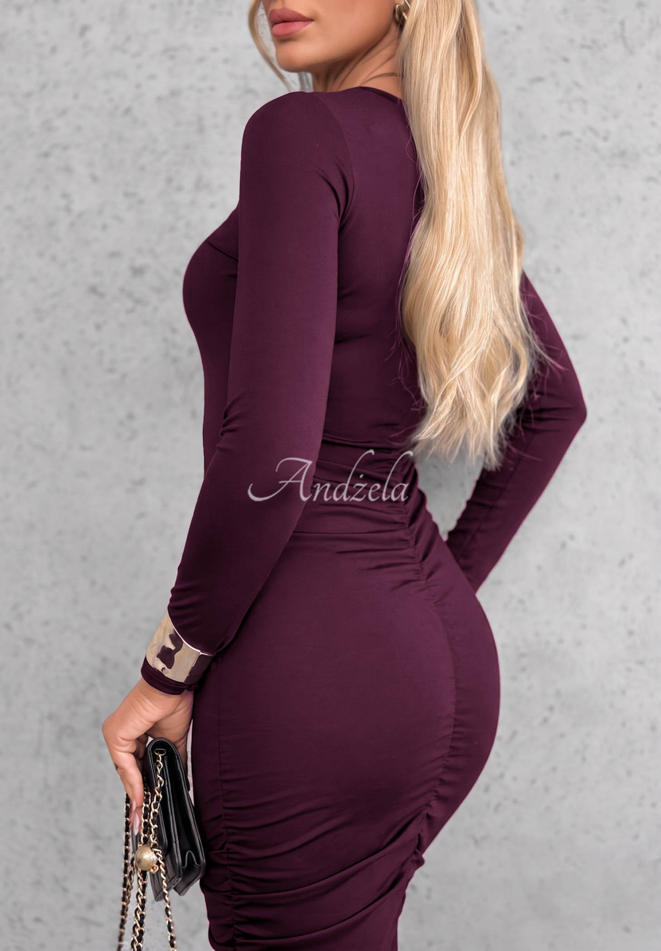 Langärmeliges Viskose-Kleid mit Raffungen Shadow Beerenfarben
