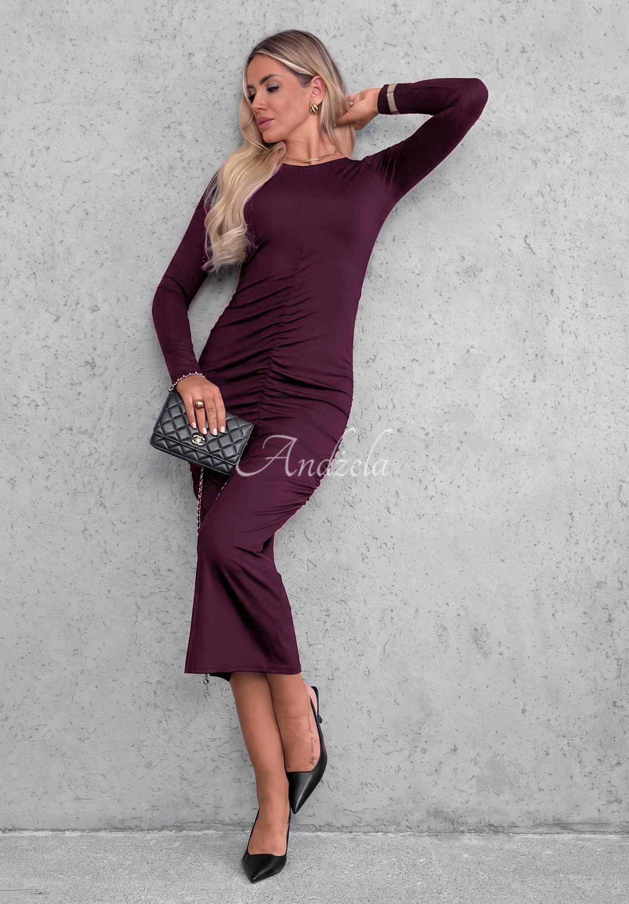 Langärmeliges Viskose-Kleid mit Raffungen Shadow Beerenfarben