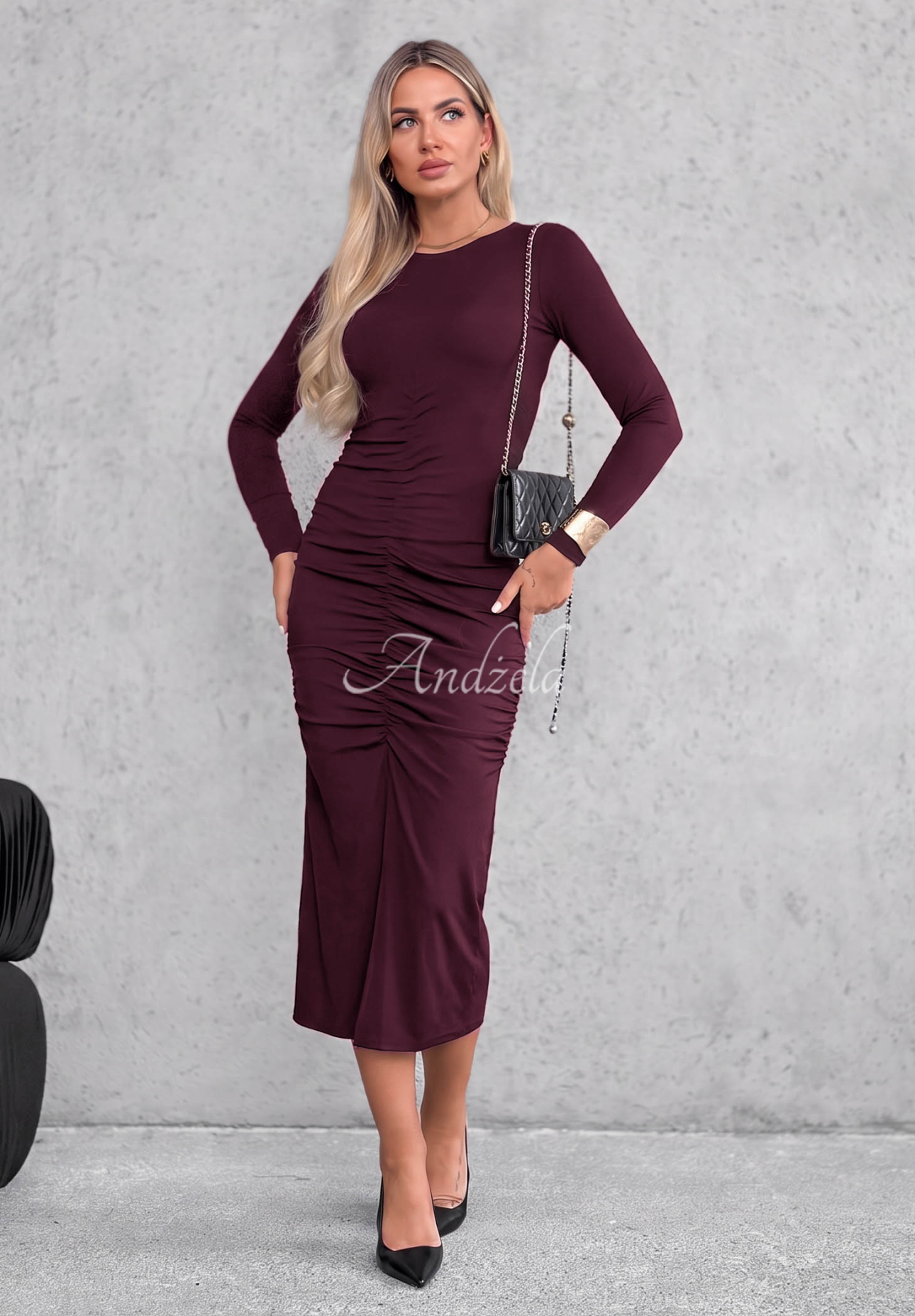 Langärmeliges Viskose-Kleid mit Raffungen Shadow Beerenfarben