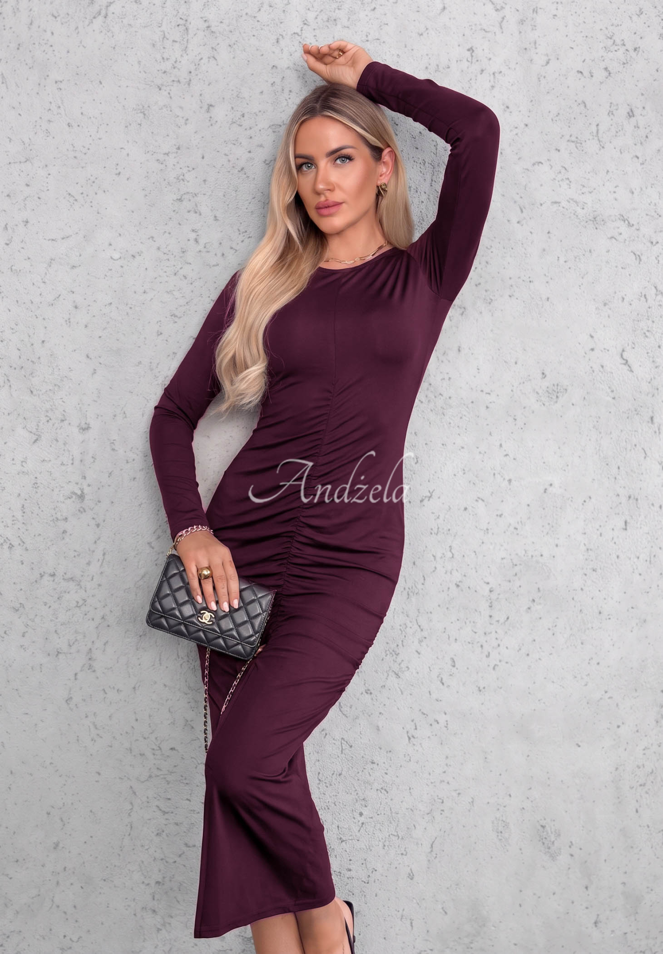 Langärmeliges Viskose-Kleid mit Raffungen Shadow Beerenfarben