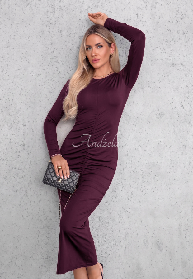 Lang&auml;rmeliges Viskose-Kleid mit Raffungen Shadow Beerenfarben
