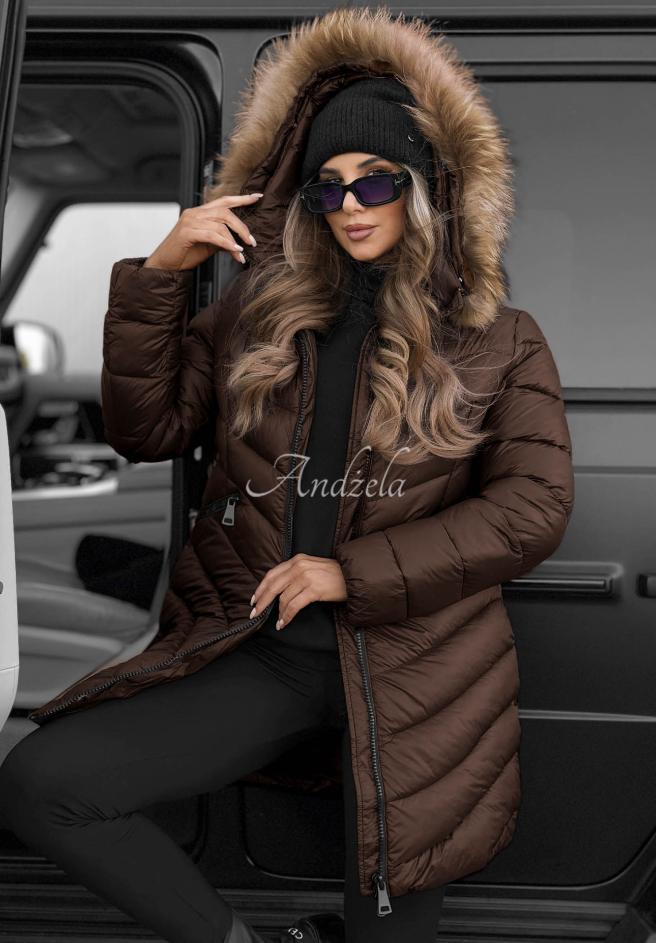 Steppjacke mit Kapuze Winter Schokoladenbraun
