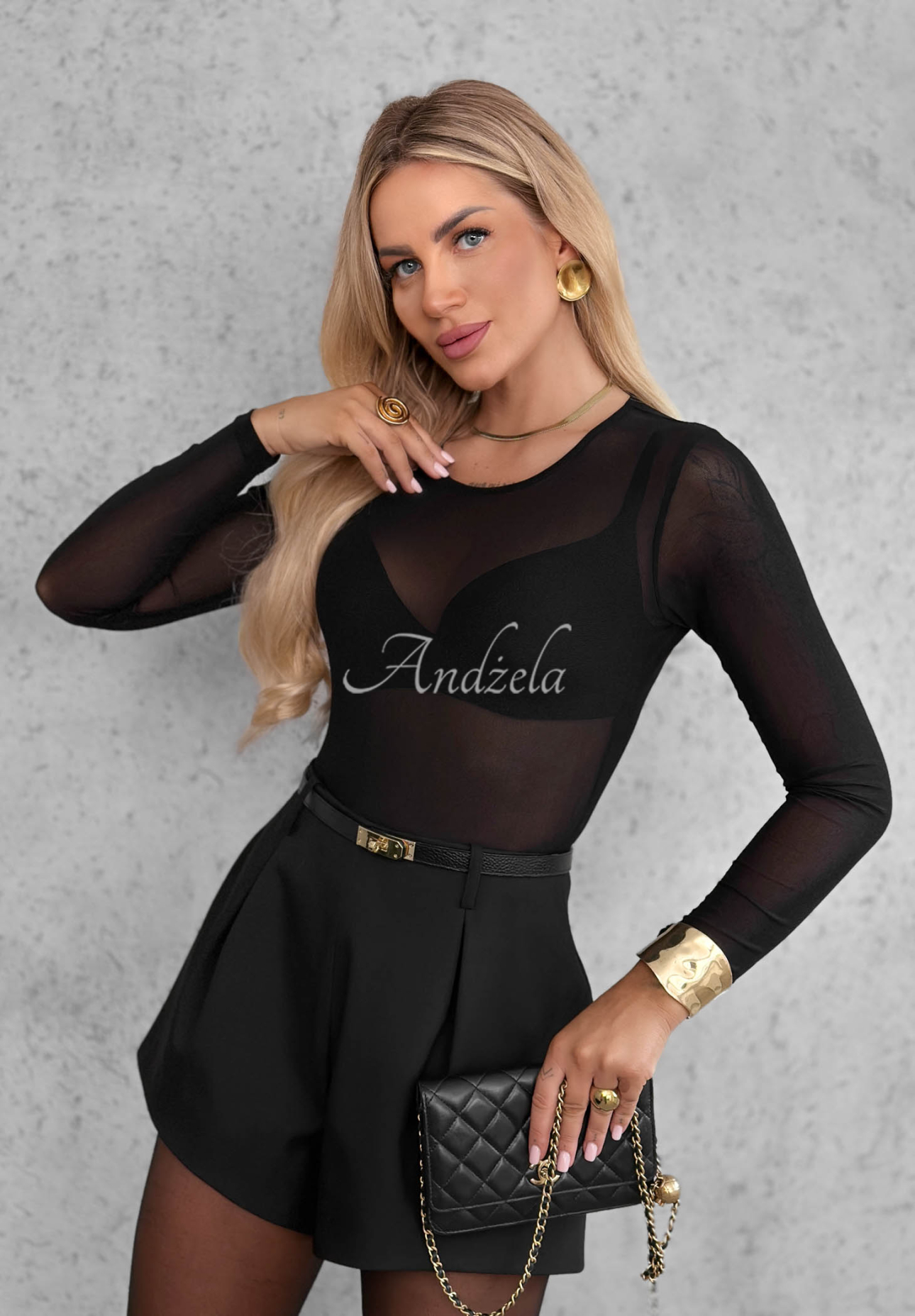 Figurbetonter Langarm-Body aus Mesh Little Shimmer Schwarz