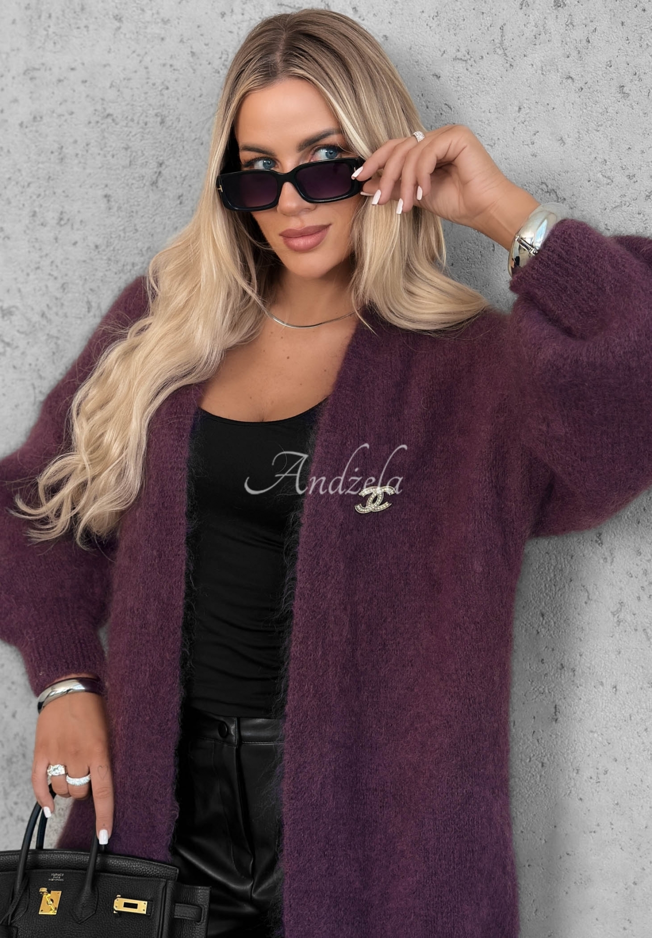 Langer Mohair-Cardigan Honey Weather Beerenfarben