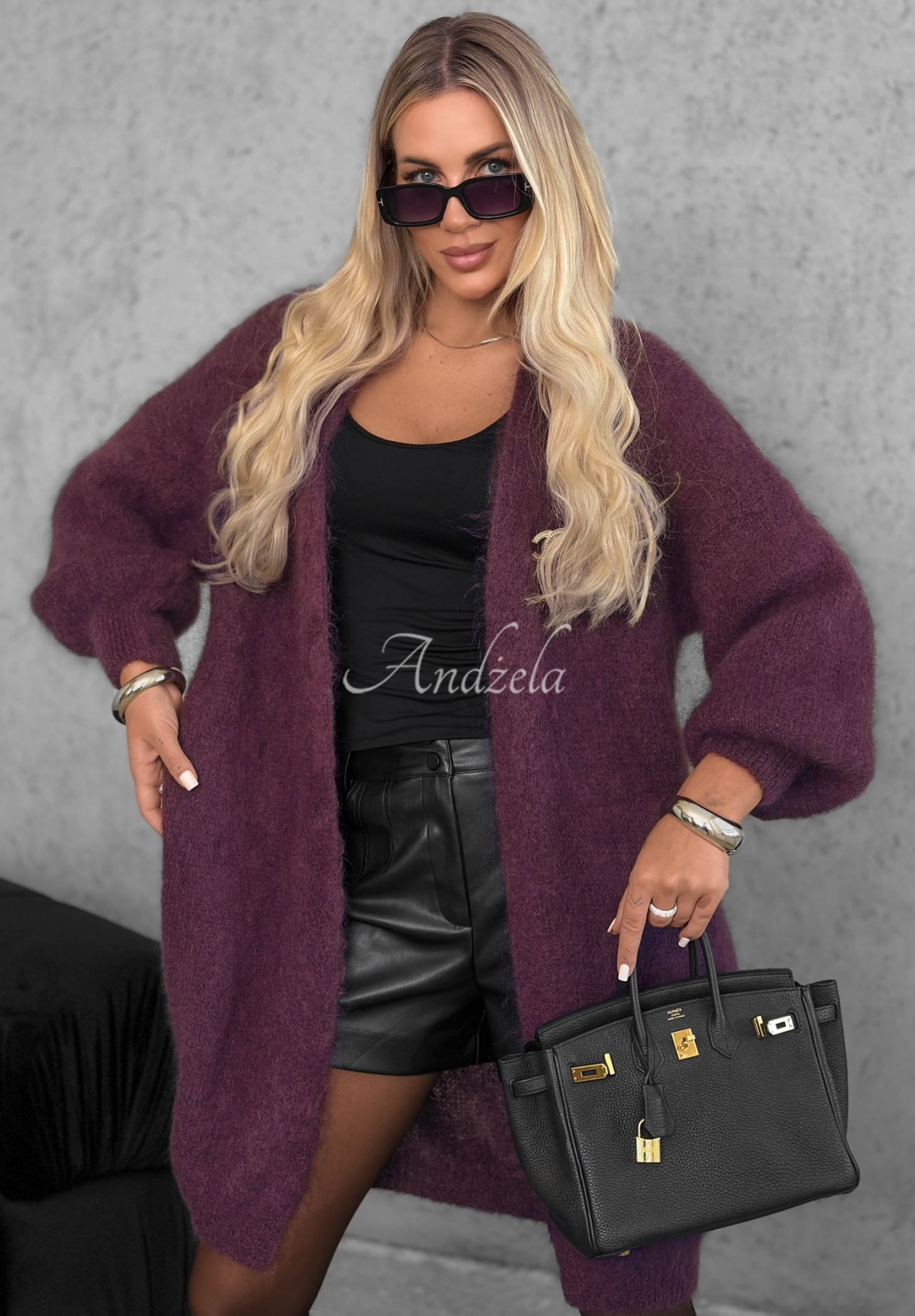 Langer Mohair-Cardigan Honey Weather Beerenfarben