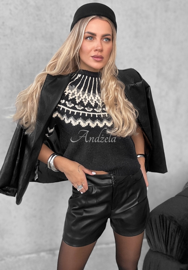 Gemusterter Pullover mit kurzen &Auml;rmeln Mine October Schwarz