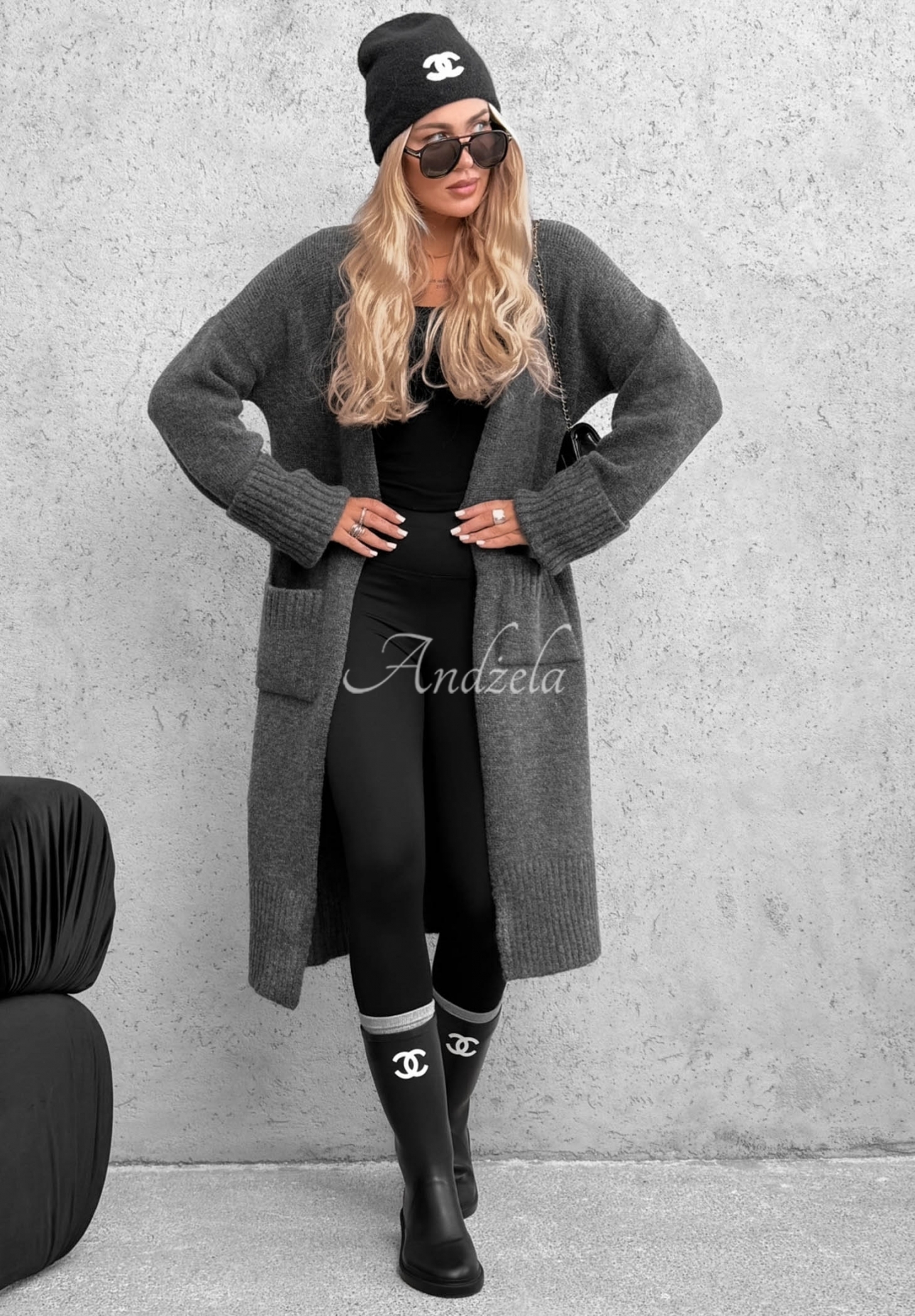 Lange oversized Strickjacke mit Taschen MarbelioGraphite