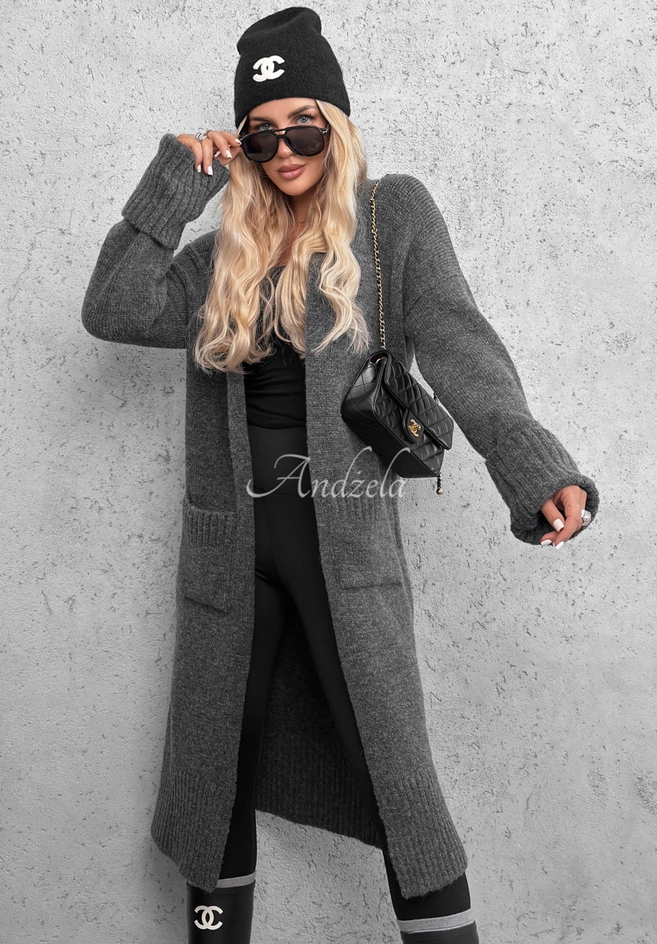 Lange oversized Strickjacke mit Taschen MarbelioGraphite