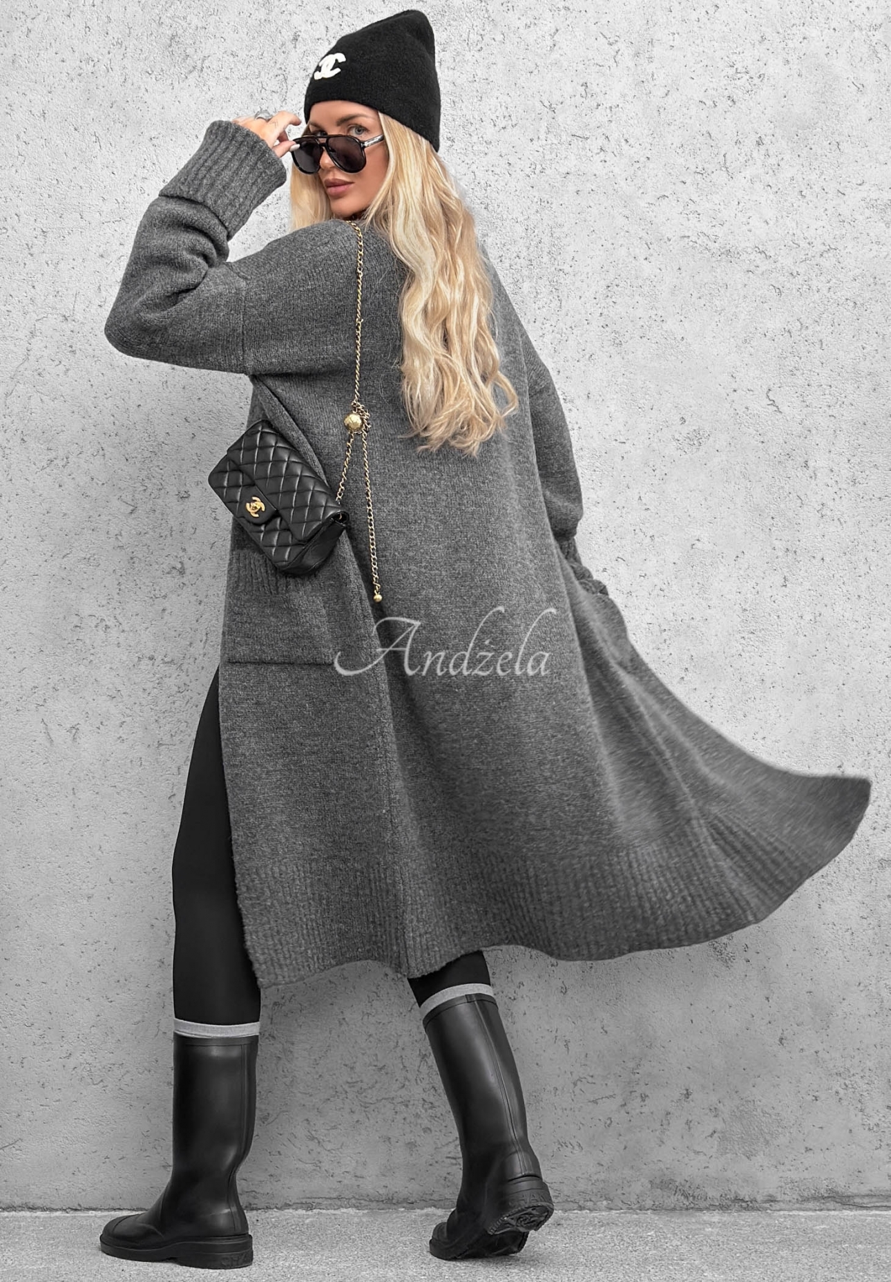 Lange oversized Strickjacke mit Taschen MarbelioGraphite