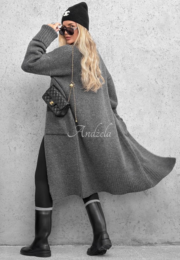 Lange oversized Strickjacke mit Taschen MarbelioGraphite