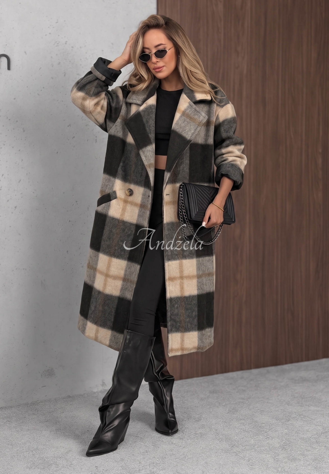 Langer Oversize-Mantel, kariert, mit Wollanteil Cloudy Daydream Schwarz