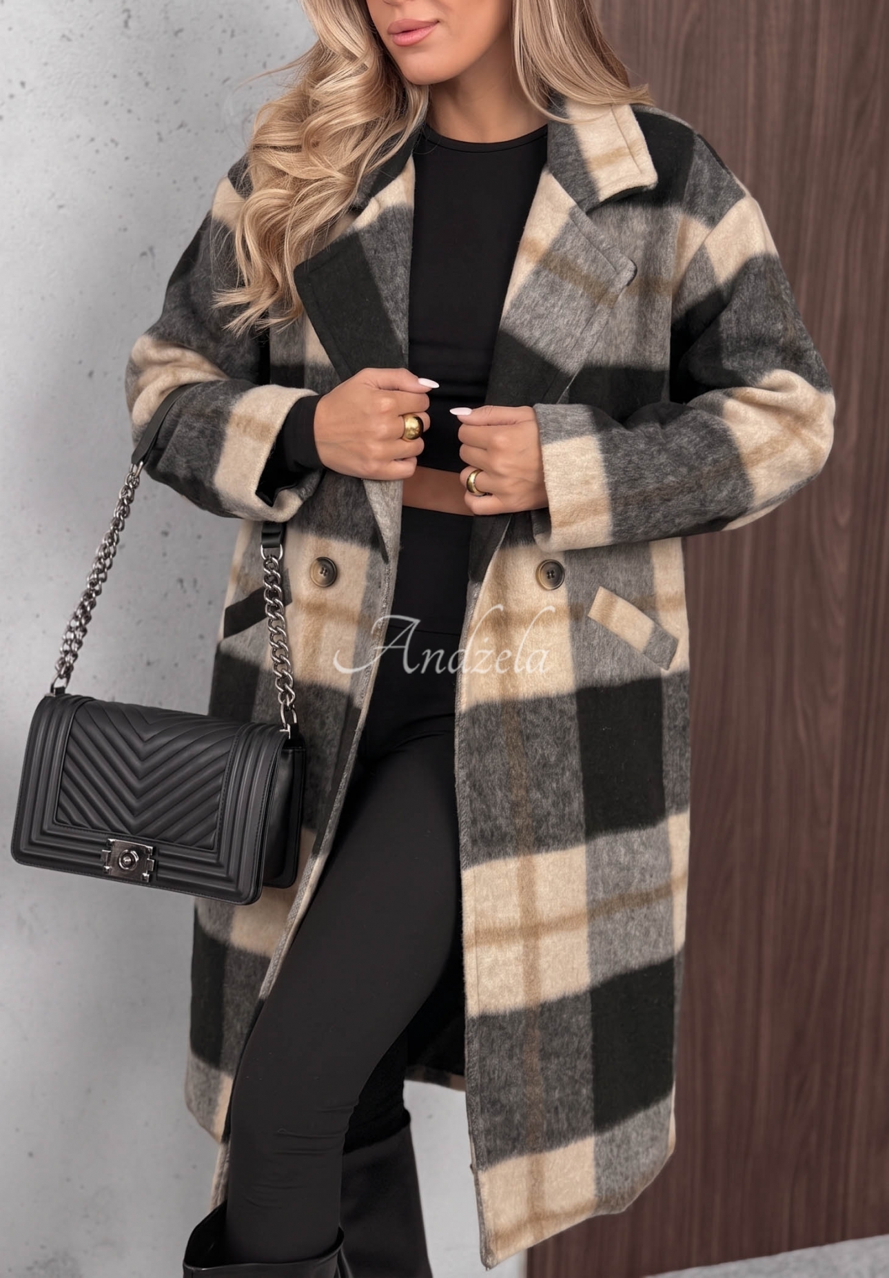Langer Oversize-Mantel, kariert, mit Wollanteil Cloudy Daydream Schwarz