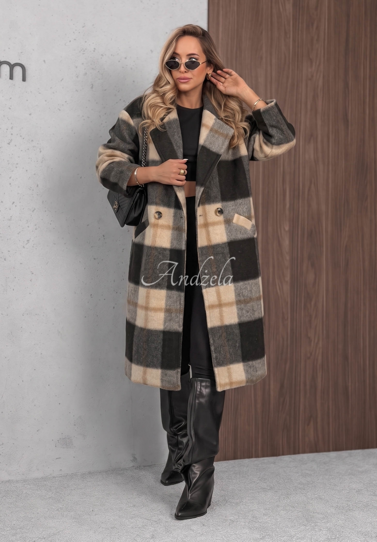 Langer Oversize-Mantel, kariert, mit Wollanteil Cloudy Daydream Schwarz