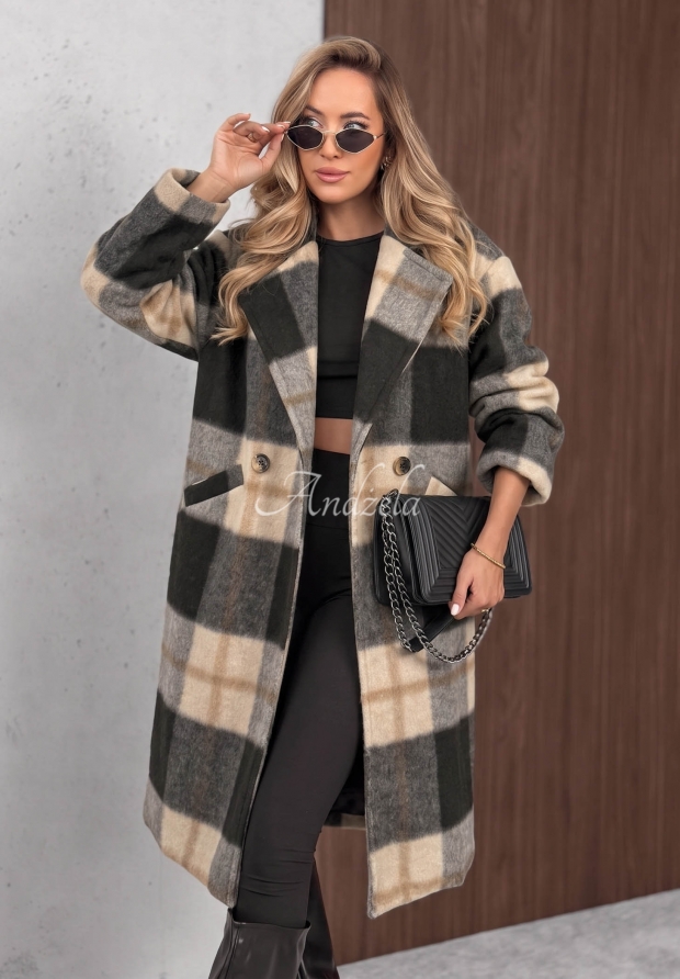 Langer Oversize-Mantel, kariert, mit Wollanteil Cloudy Daydream Schwarz