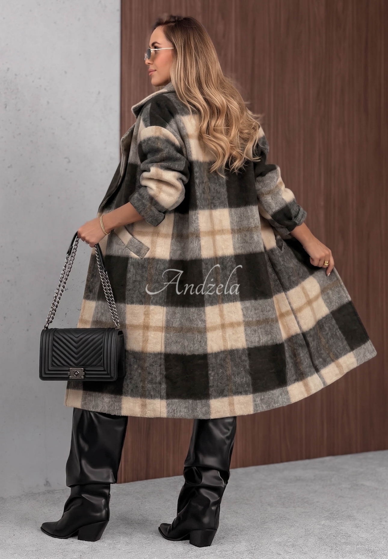 Langer Oversize-Mantel, kariert, mit Wollanteil Cloudy Daydream Schwarz