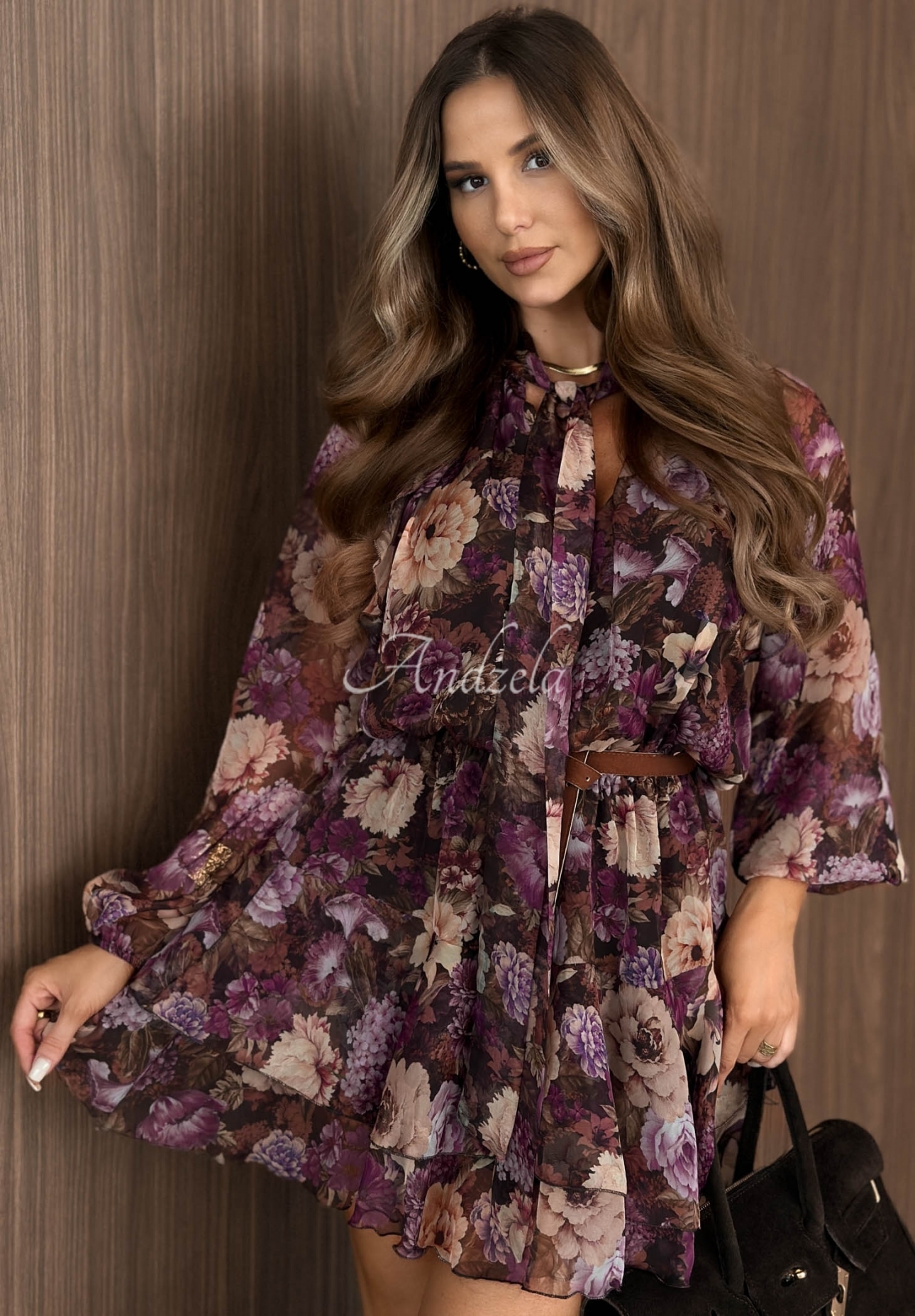 Blumiges Kleid mit Bindeband und Rüschen October Rose beeren-schokoladenbraun