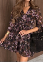 Kwiecista Kleid mini z falbankami i paskiem Autumn Bouquet Schokoladenbraun