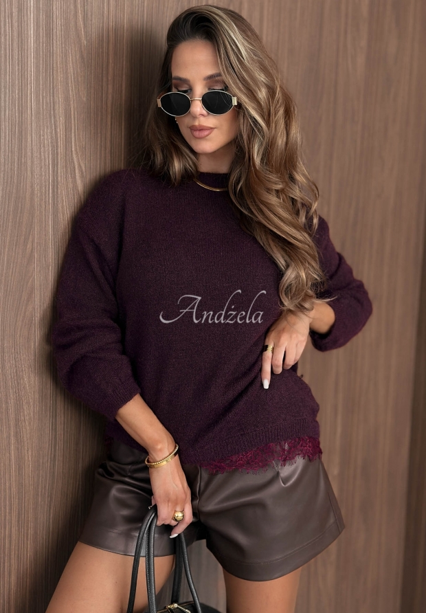 Weicher Pullover mit Spitze und Wolle Cloud Embrace Beerenfarben