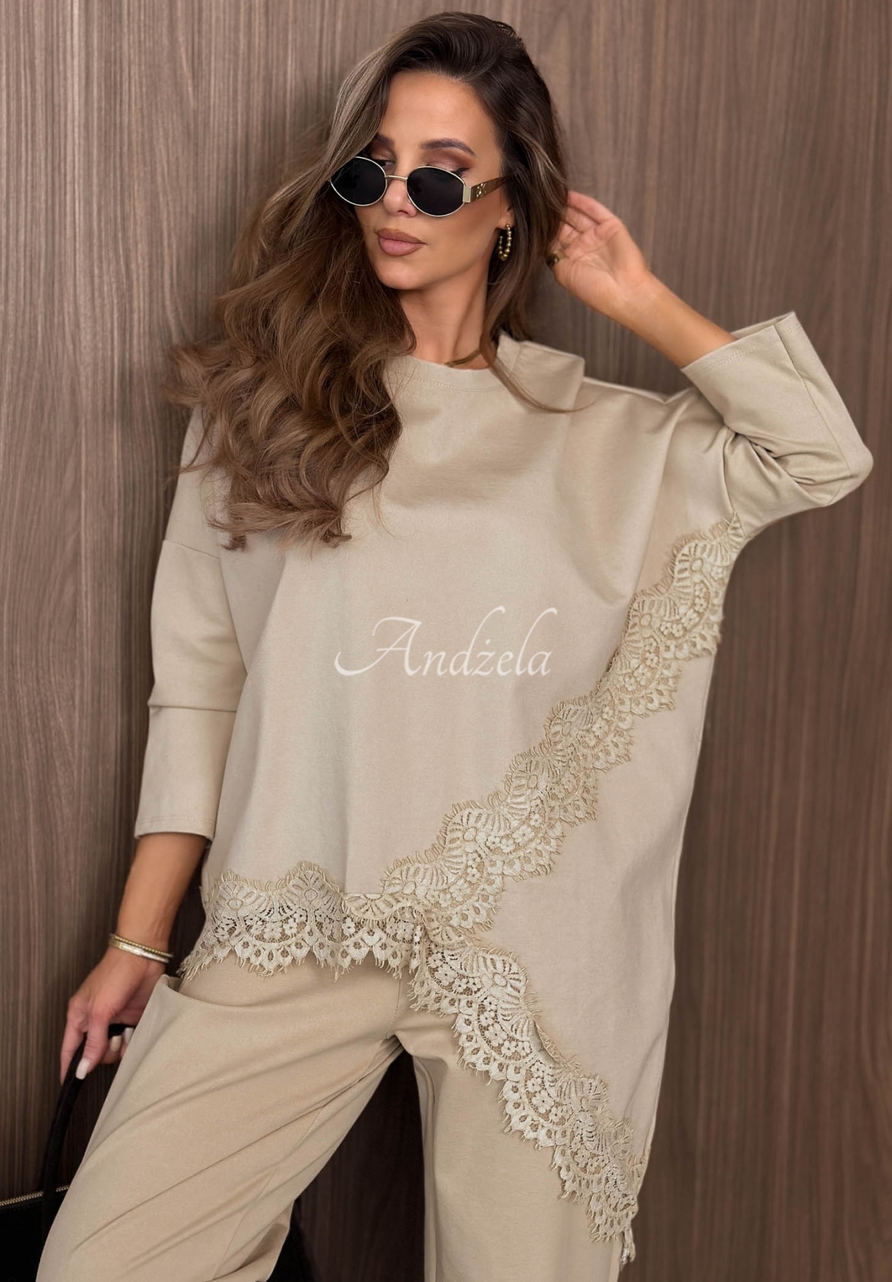 Oversize-Sweatshirt mit Viskose und Spitze Rainy Saturday Beige