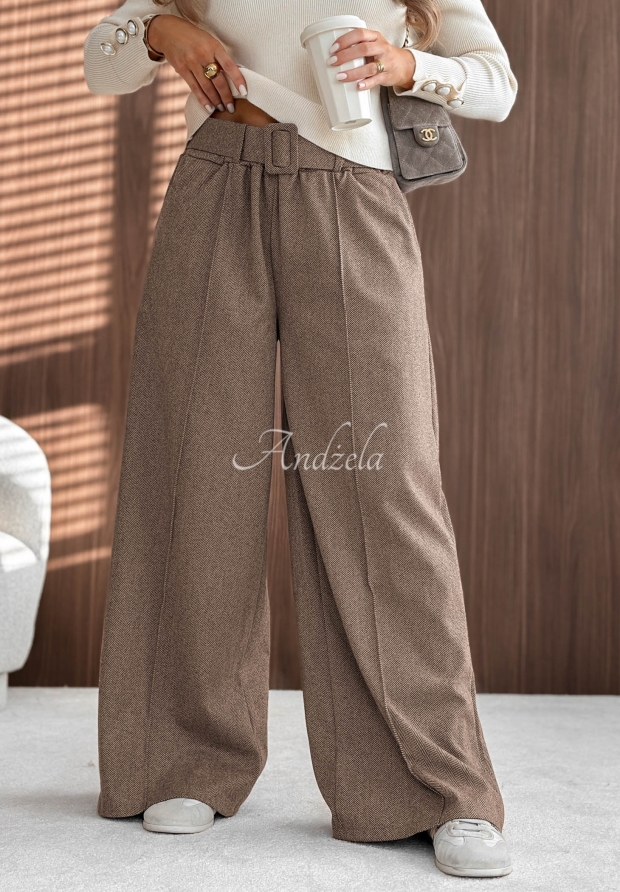 Weite Viskosehose mit Ziern&auml;hten Warm Coffee Beige