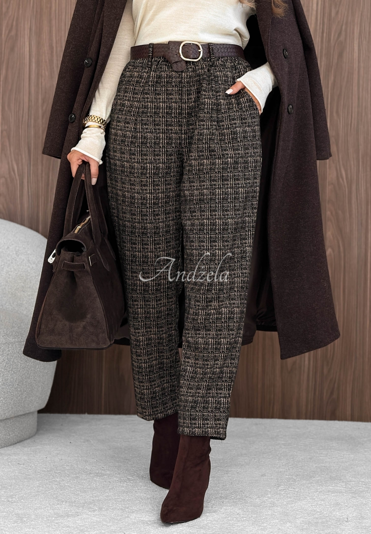 Karierte Stoffhose mit Gürtel Make Moves schwarz-beige