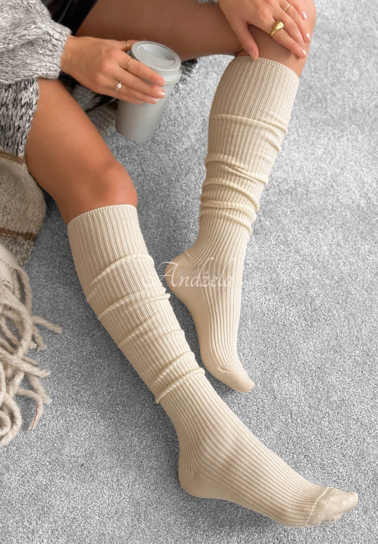 Gerippte Overknees mit Merinowolle Pretty Legs Ecru