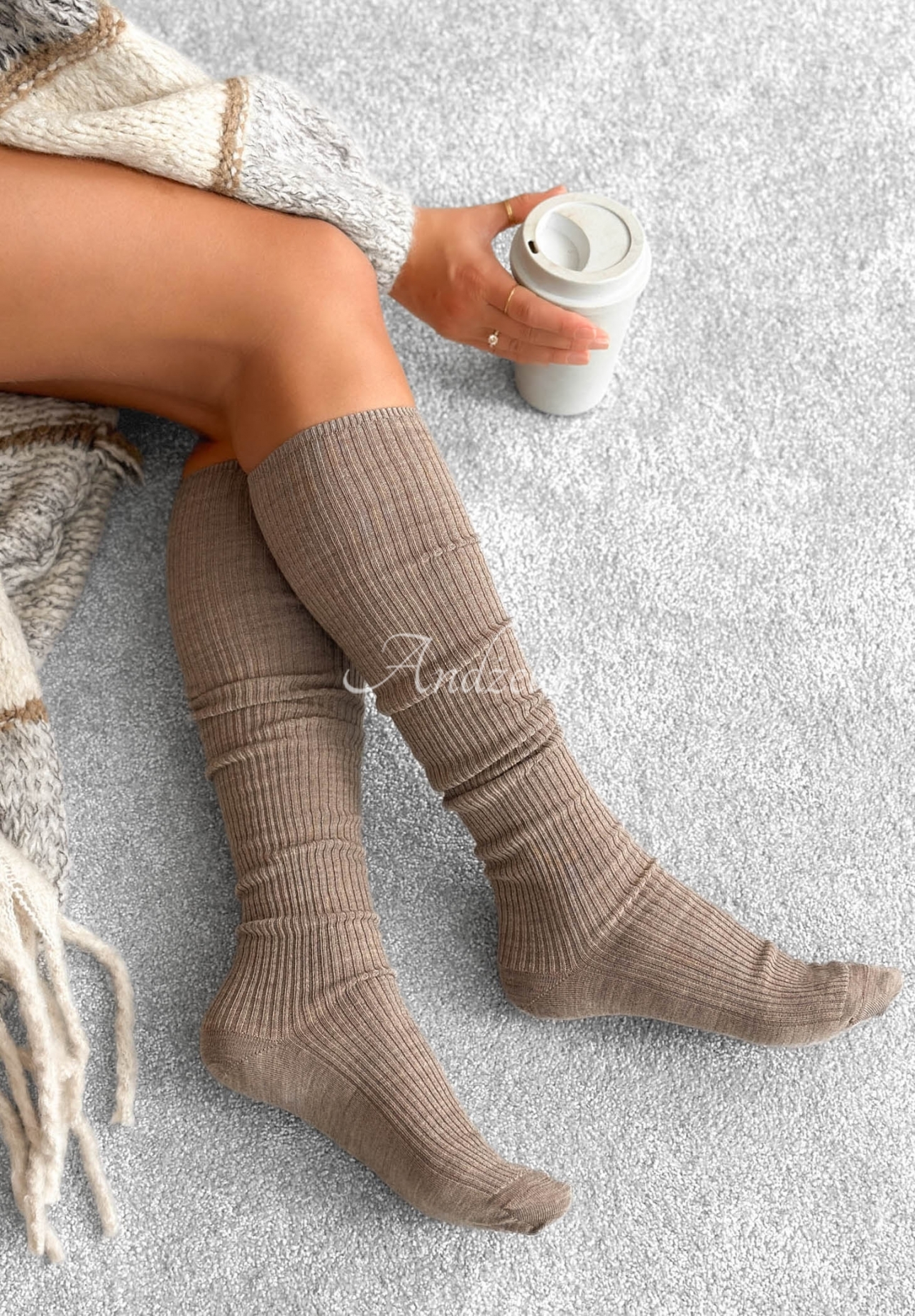 Gerippte Overknees mit Merinowolle Pretty Legs Mokkafarben