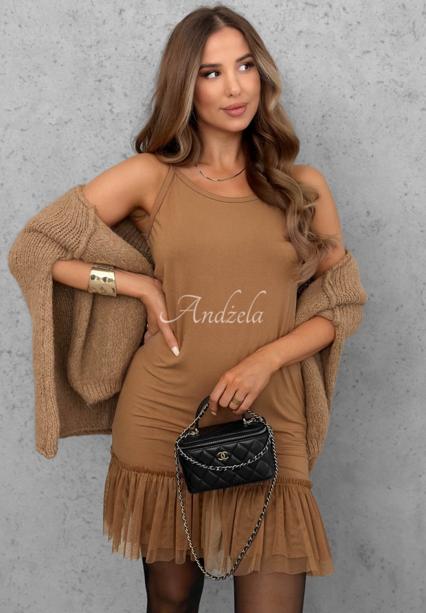 Tunika-Minikleid mit T&uuml;ll Megi Mokkafarben