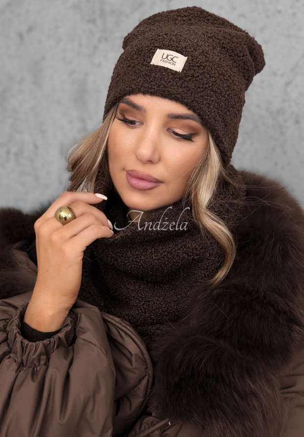 Set M&uuml;tze und Schlauchschal mit Lammfellimitat Winter Lady Schokoladenbraun
