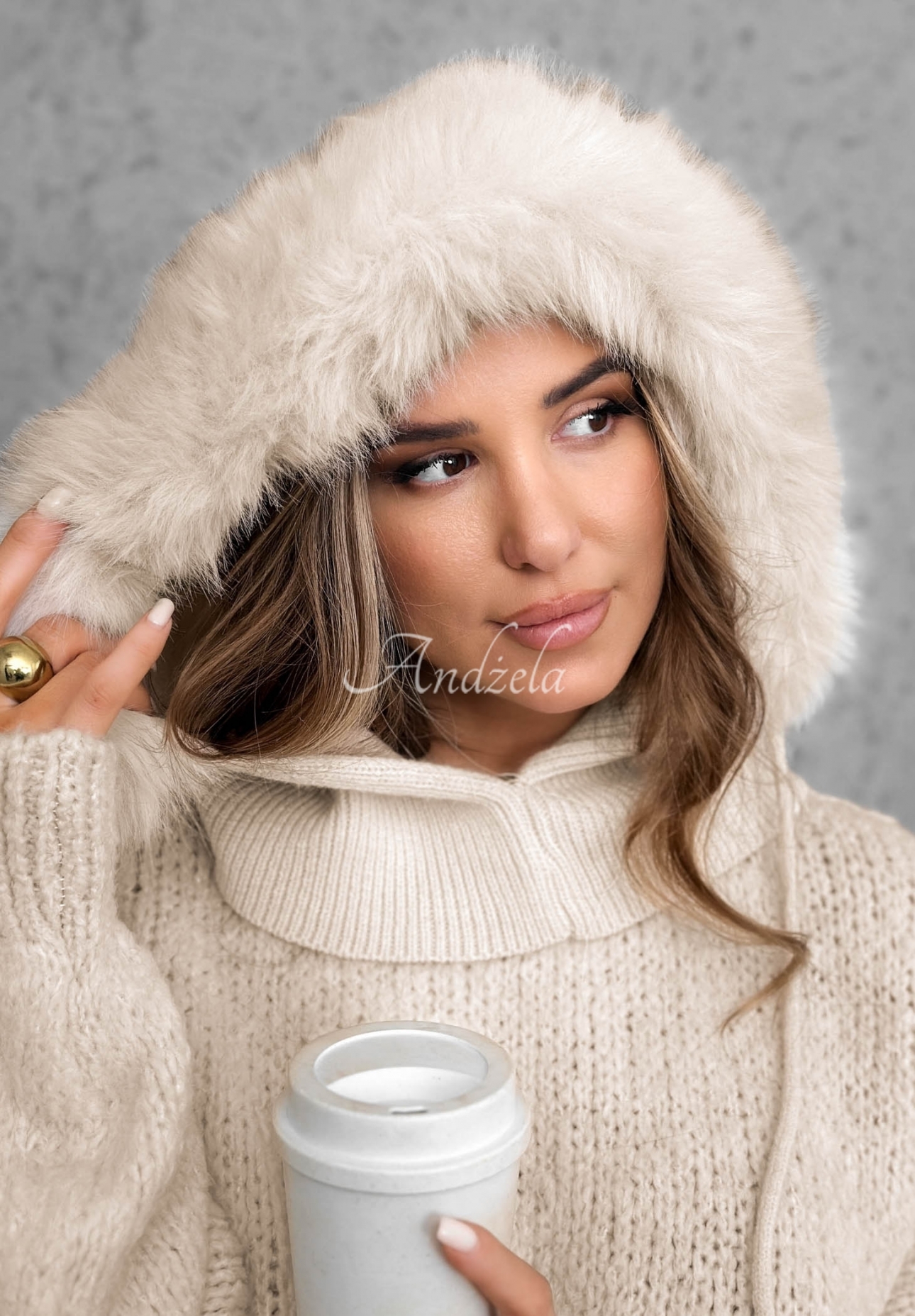Balaclava-Schlauchschal mit Kunstfell Winter Crush Beige