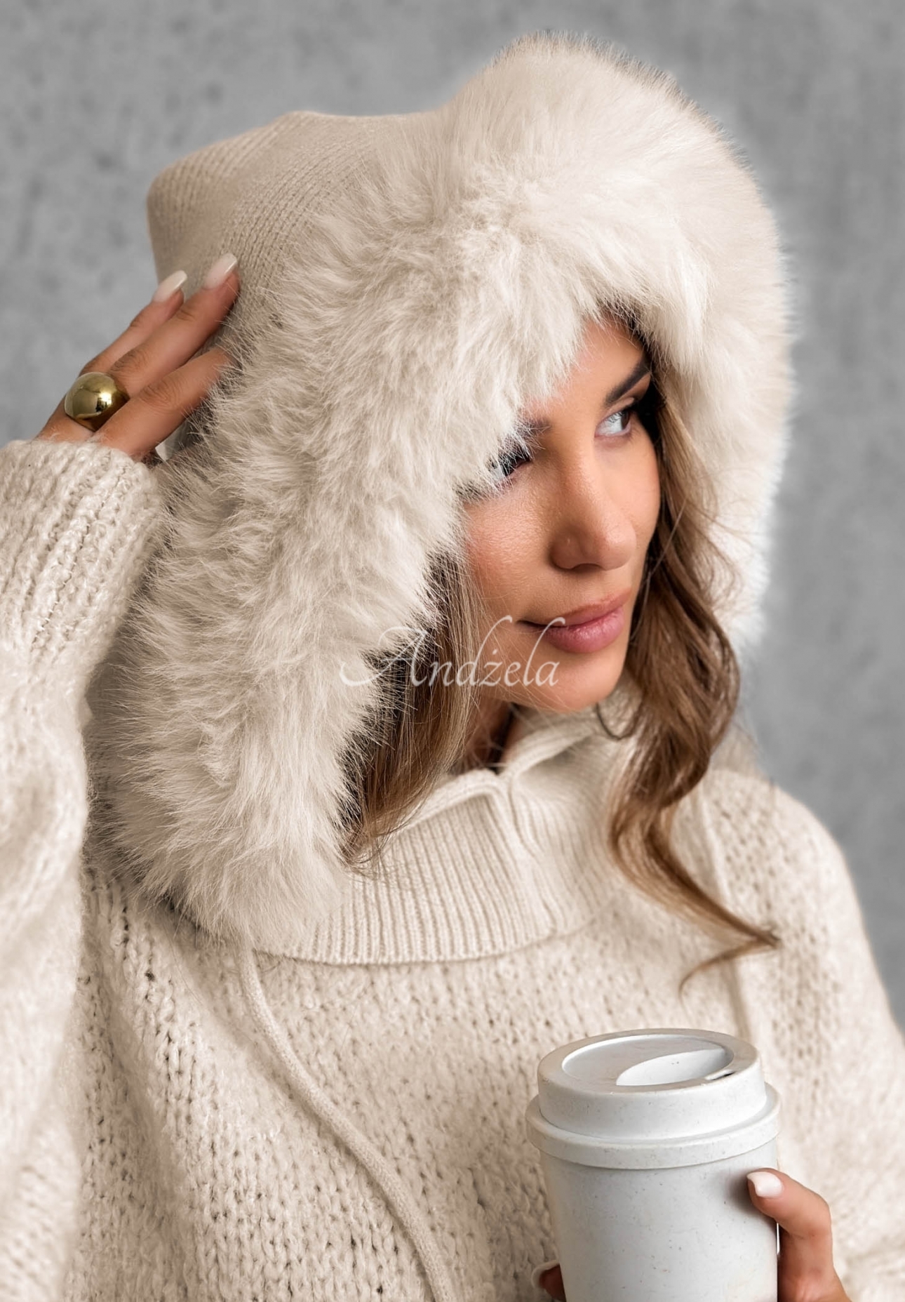Balaclava-Schlauchschal mit Kunstfell Winter Crush Beige