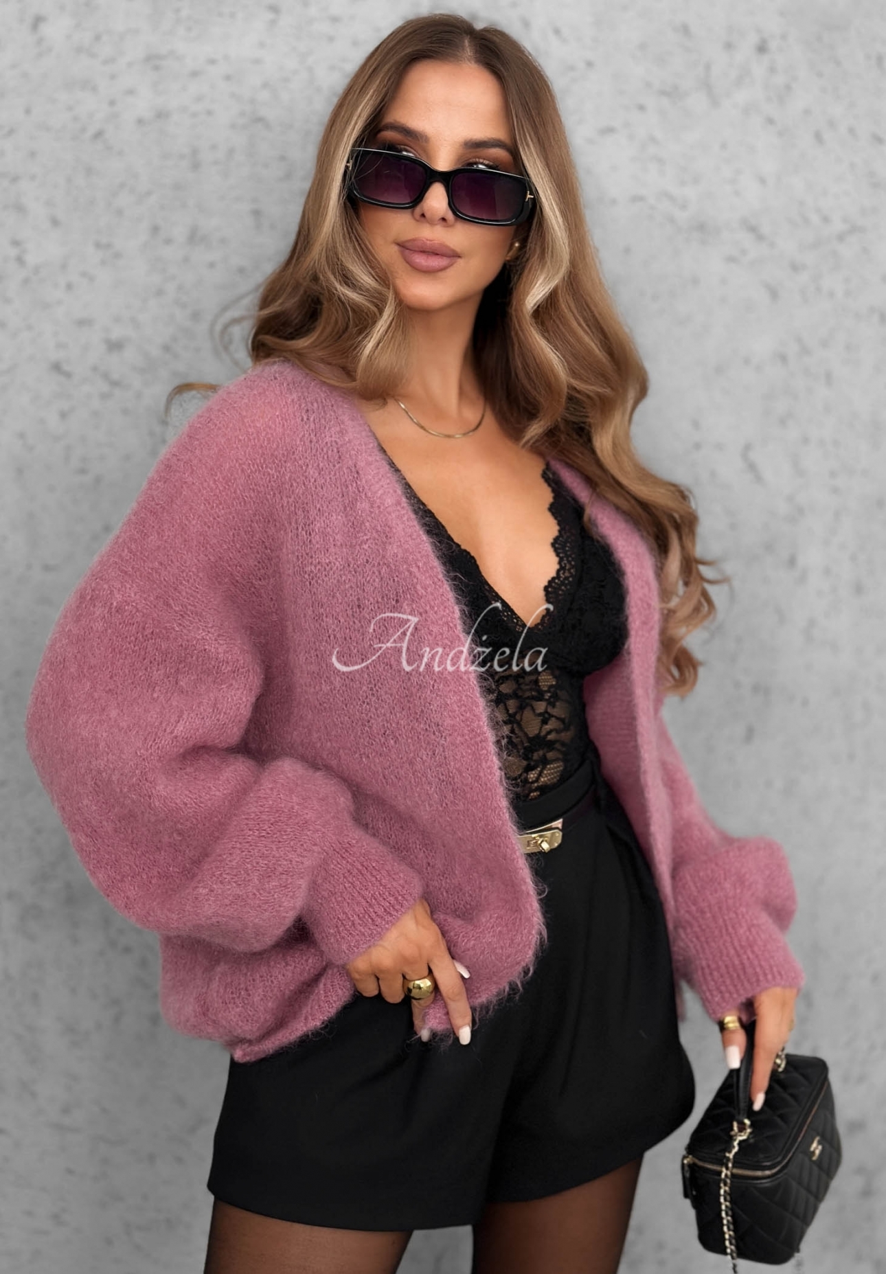 Oversize-Strickjacke aus Mohair vorne offen Cozy Latte Altrosa