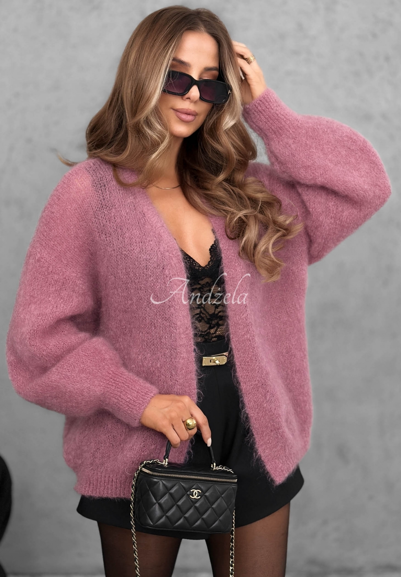 Oversize-Strickjacke aus Mohair vorne offen Cozy Latte Altrosa