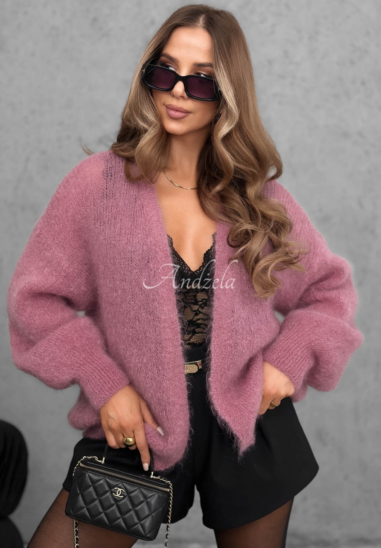 Oversize-Strickjacke aus Mohair vorne offen Cozy Latte Altrosa