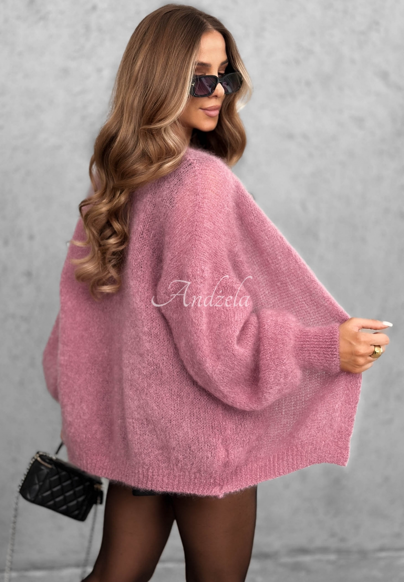 Oversize-Strickjacke aus Mohair vorne offen Cozy Latte Altrosa