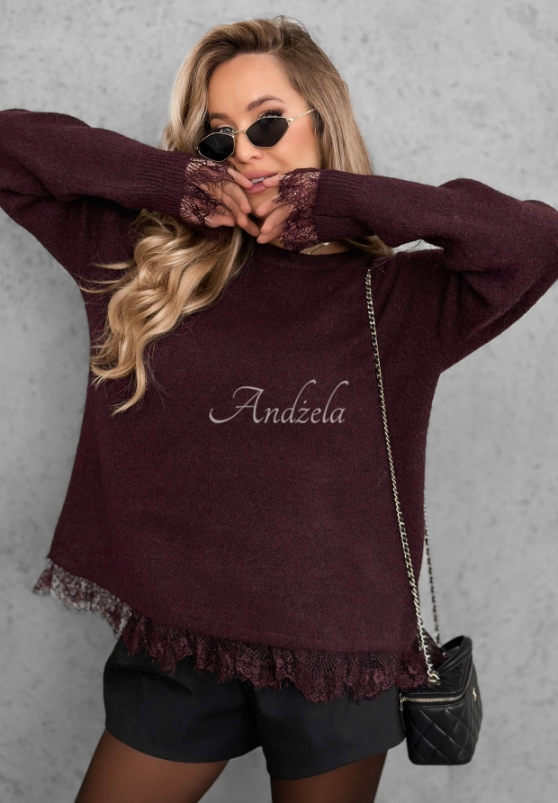 Oversize-Pullover mit Wolle und Spitze Cozy Softness Burgunderrot
