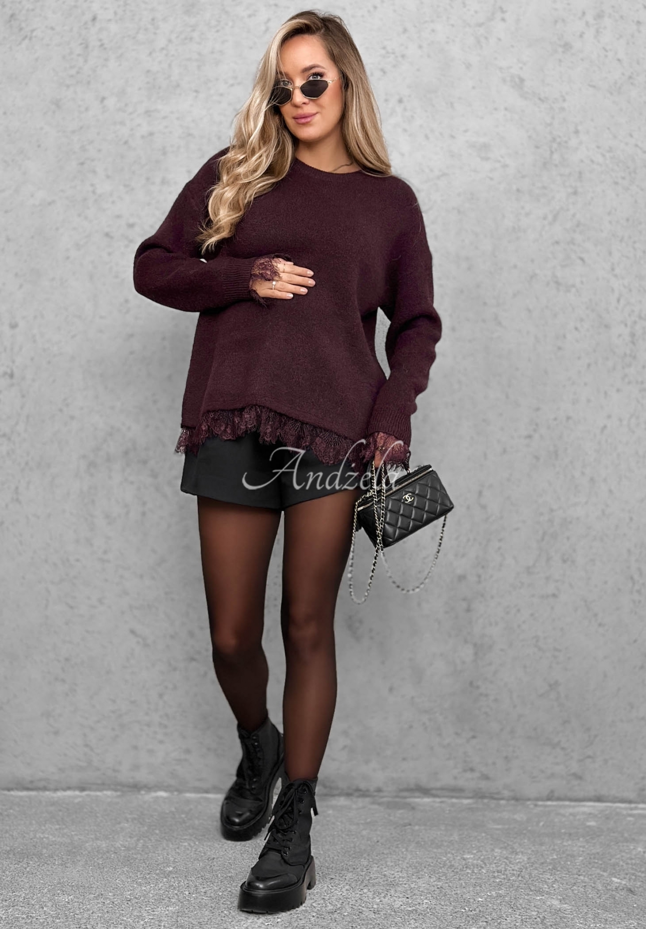 Oversize-Pullover mit Wolle und Spitze Cozy Softness Burgunderrot