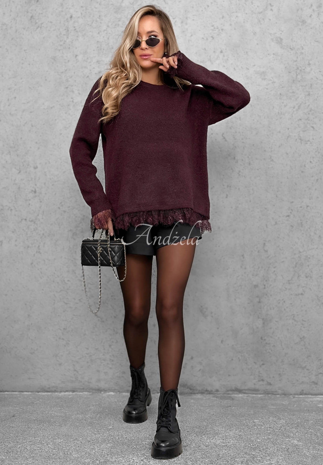 Oversize-Pullover mit Wolle und Spitze Cozy Softness Burgunderrot